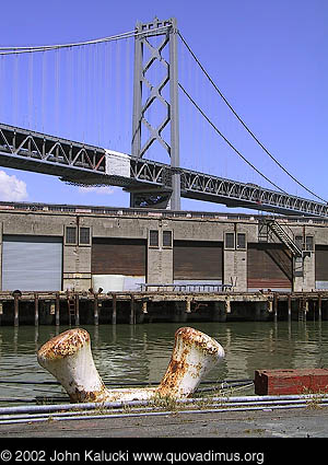 Photographs of Red's Java House and the Bay Bridge from the San Francisco waterfront.