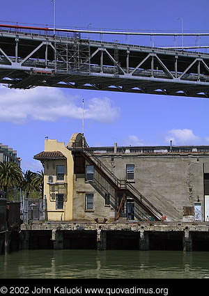 Photographs of Red's Java House and the Bay Bridge from the San Francisco waterfront.