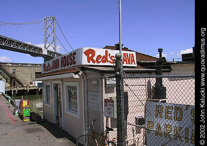 Photographs of Red's Java House and the Bay Bridge from the San Francisco waterfront.