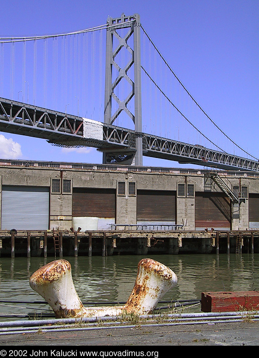 Photographs of Red's Java House and the Bay Bridge from the San Francisco waterfront.