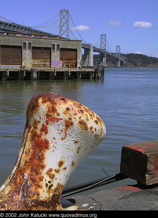 Photographs of Red's Java House and the Bay Bridge from the San Francisco waterfront.