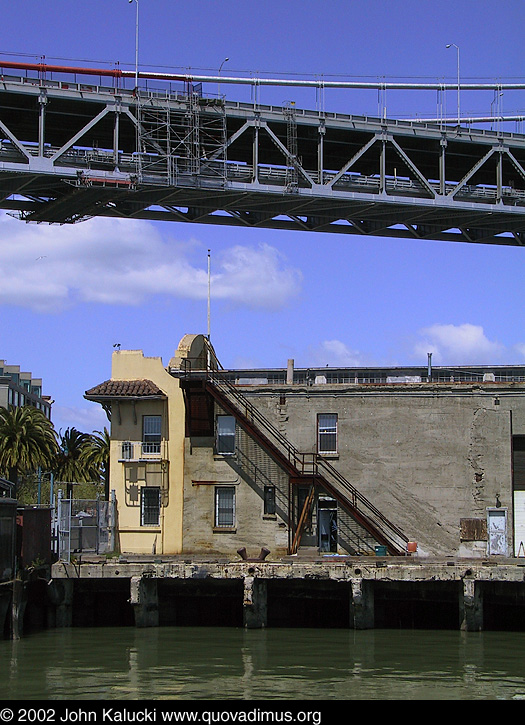 Photographs of Red's Java House and the Bay Bridge from the San Francisco waterfront.