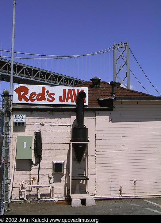 Photographs of Red's Java House and the Bay Bridge from the San Francisco waterfront.