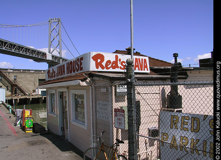 Photographs of Red's Java House and the Bay Bridge from the San Francisco waterfront.