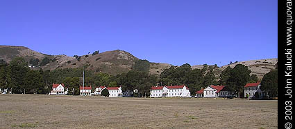 Barracks and other military buildings around Fort Baker's main parade grounds.