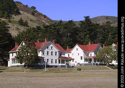 Barracks and other military buildings around Fort Baker's main parade grounds.