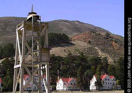 Barracks and other military buildings around Fort Baker's main parade grounds.