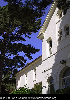 Barracks and other military buildings around Fort Baker's main parade grounds.