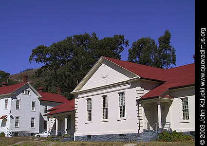 Barracks and other military buildings around Fort Baker's main parade grounds.