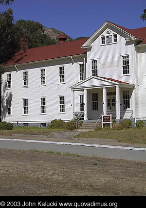 Barracks and other military buildings around Fort Baker's main parade grounds.