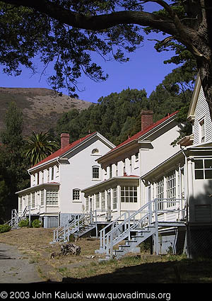 Barracks and other military buildings around Fort Baker's main parade grounds.