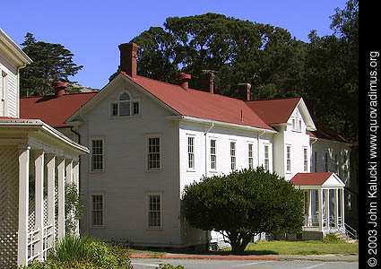 Barracks and other military buildings around Fort Baker's main parade grounds.