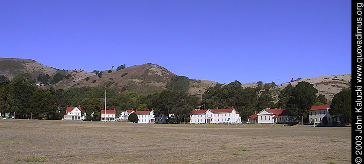 Barracks and other military buildings around Fort Baker's main parade grounds.