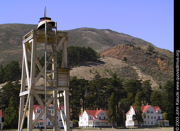 Barracks and other military buildings around Fort Baker's main parade grounds.