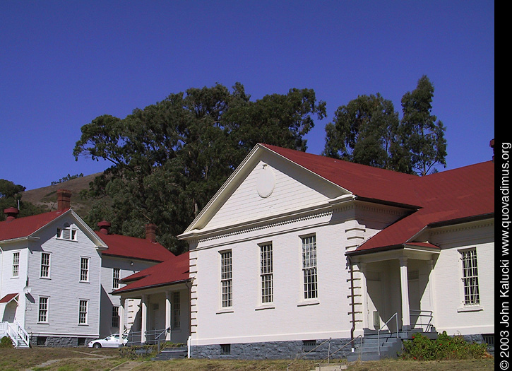 Barracks and other military buildings around Fort Baker's main parade grounds.