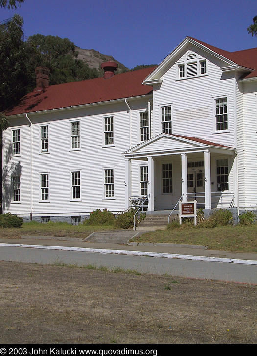 Barracks and other military buildings around Fort Baker's main parade grounds.