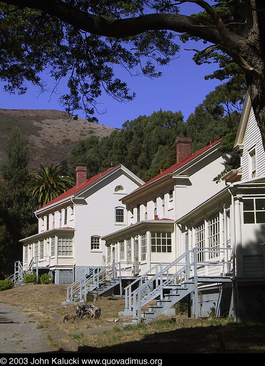 Barracks and other military buildings around Fort Baker's main parade grounds.