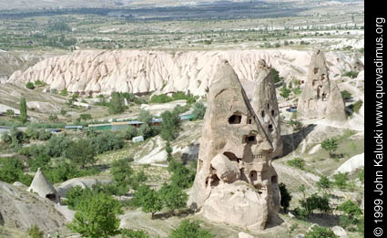 Photographs of Cappadocia, including cave dwellings, cave cities, the village of Cavusin, and the Derrent Valley.