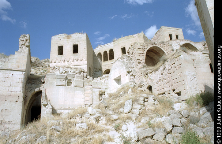 Photographs of Cappadocia, including cave dwellings, cave cities, the village of Cavusin, and the Derrent Valley.