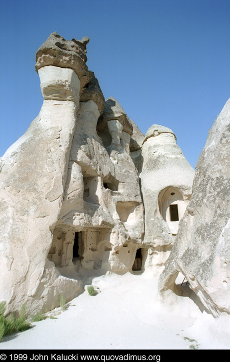 Photographs of Cappadocia, including cave dwellings, cave cities, the village of Cavusin, and the Derrent Valley.