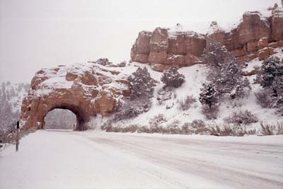 Gray photographs of a snowy drive on Utah Highway 12 through Escalante National Monument, Utah.