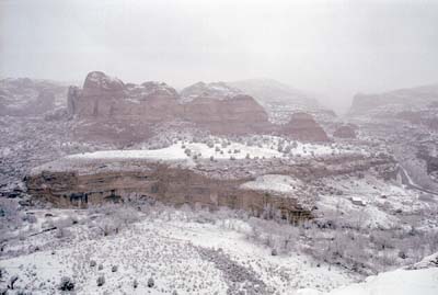 Gray photographs of a snowy drive on Utah Highway 12 through Escalante National Monument, Utah.