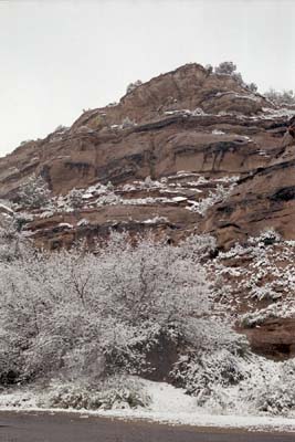 Gray photographs of a snowy drive on Utah Highway 12 through Escalante National Monument, Utah.