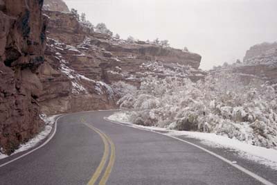 Gray photographs of a snowy drive on Utah Highway 12 through Escalante National Monument, Utah.